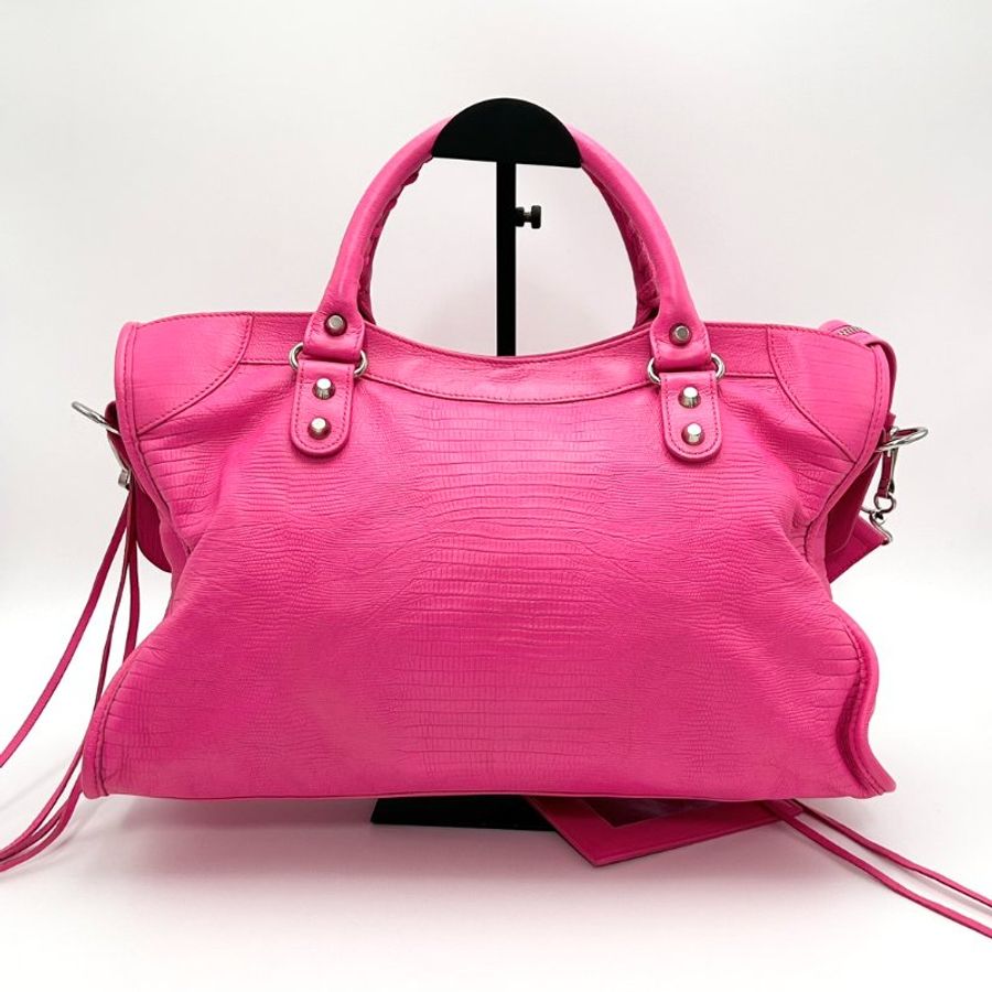BALENCIAGA 粉銀大號 手提肩背機車包 38*25*14 98新配件鏡子-4