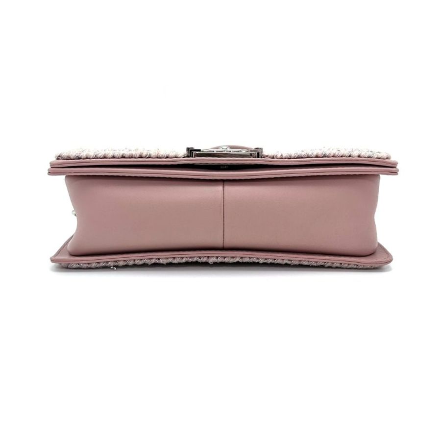 CHANEL 限量款leboy中號 粉銀V紋毛呢滾邊肩背斜背包25*14.5*7 98新配件塵袋-4