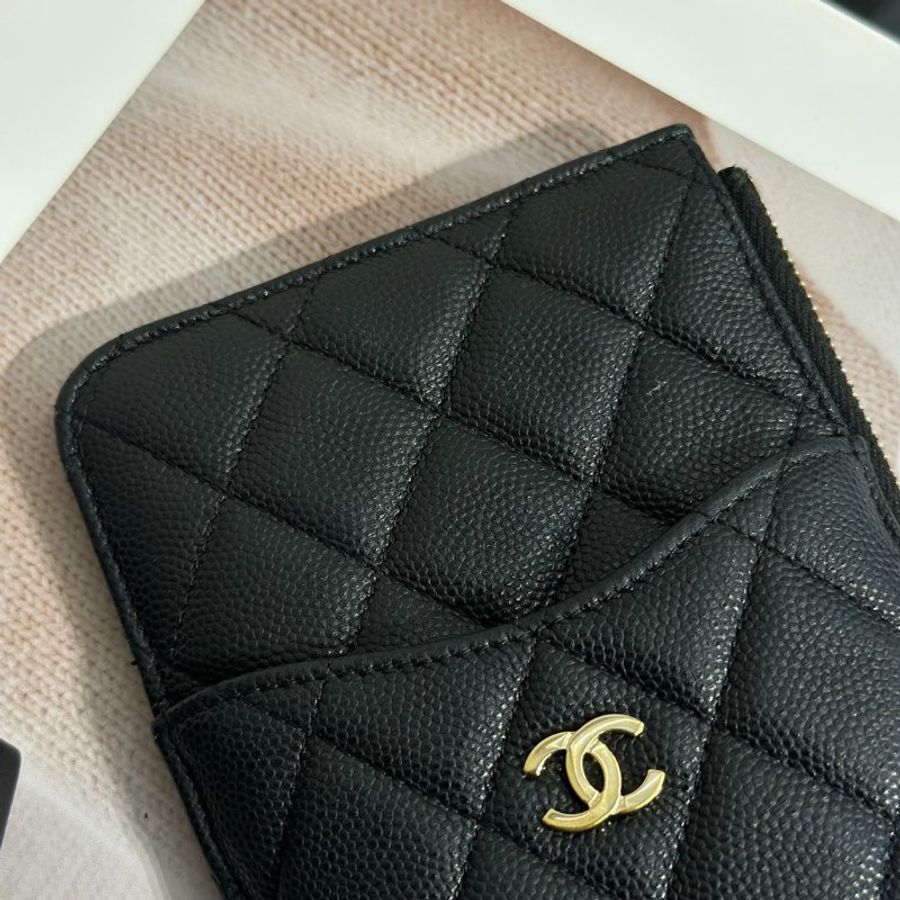 CHANEL 粒面牛皮卡包拉鍊長夾 - 黑金30開-6