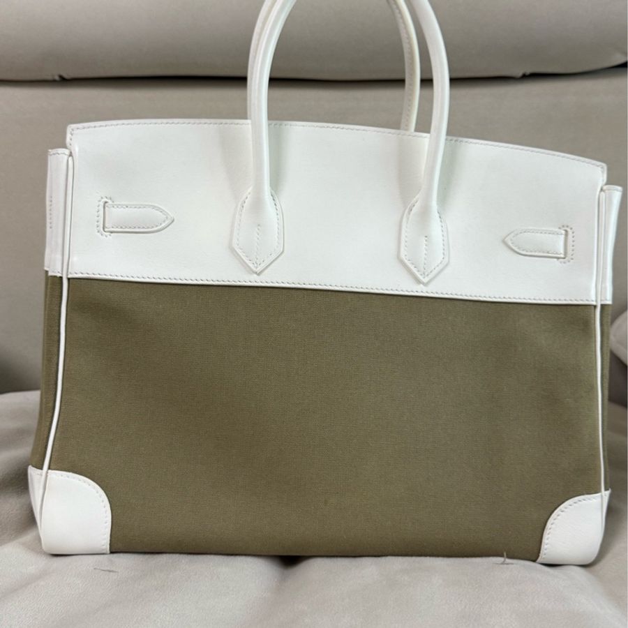 hermes 愛馬仕 框K birkin35 bk35 奶油白拼帆布 銀扣 手提鉑金包-1