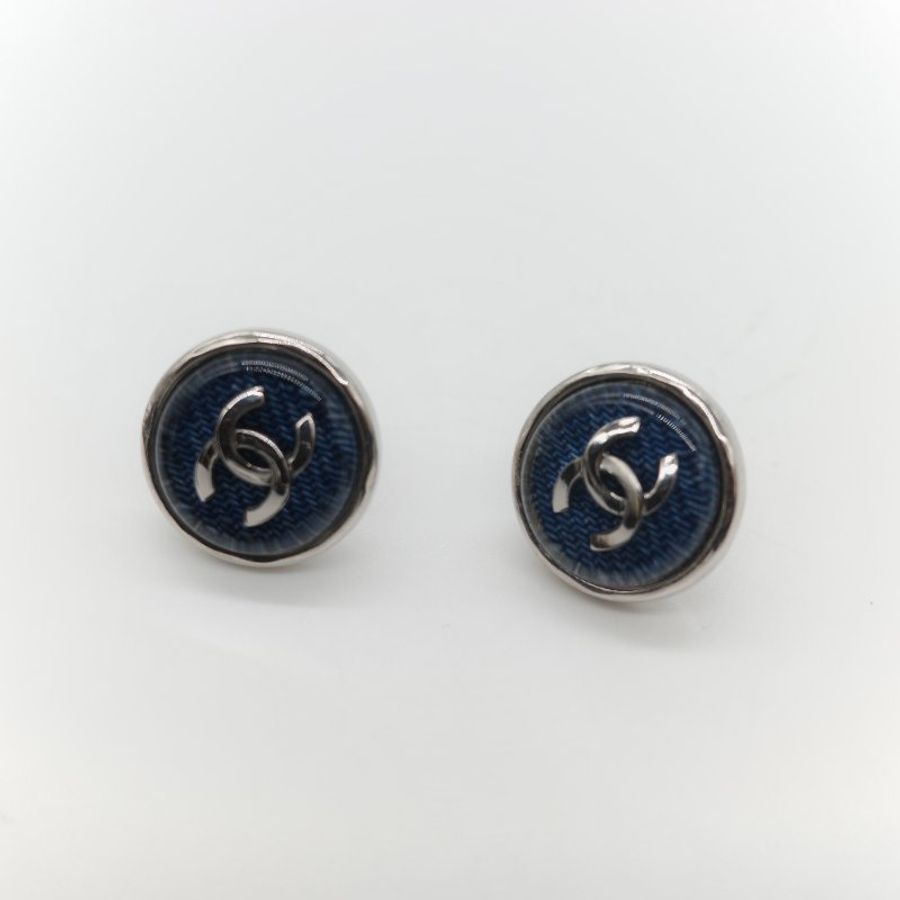 Chanel 香奈兒 藍色樹脂 CC 銀色 耳釘 耳環-1