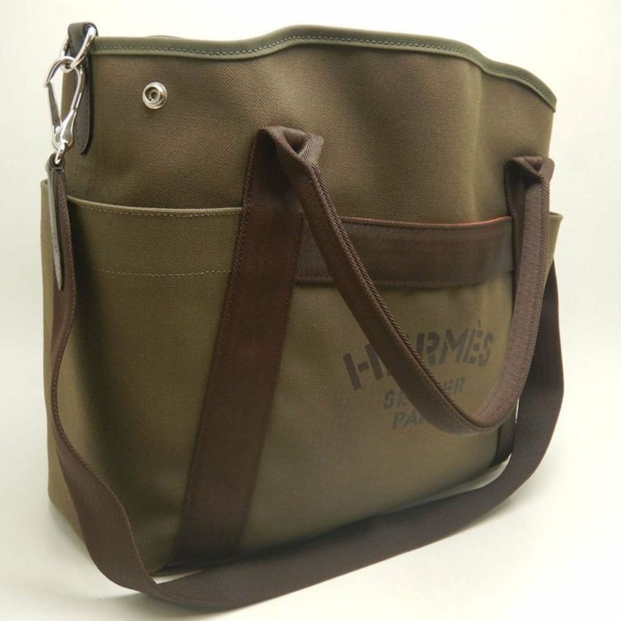 HERMES Sac de Pansage 手提包，帆布，卡其色，女式，253725-2