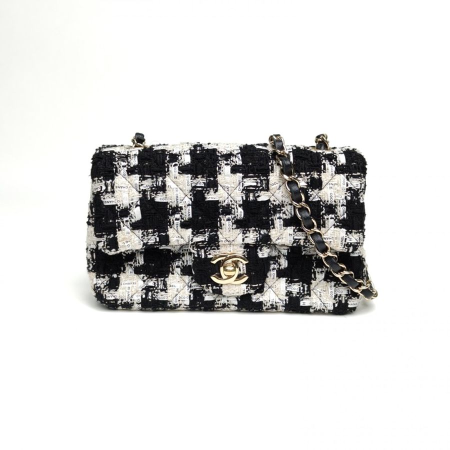 CHANEL CF口蓋包大Mini黑白毛呢29開金扣-0