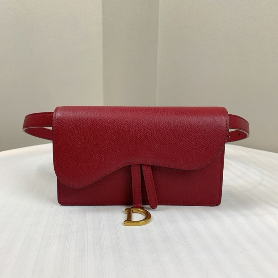 迪奥/Dior Saddle馬鞍 金扣酒紅色牛皮腰包胸包 多種背法的氣質小包 7x2.5x10.5cm-0