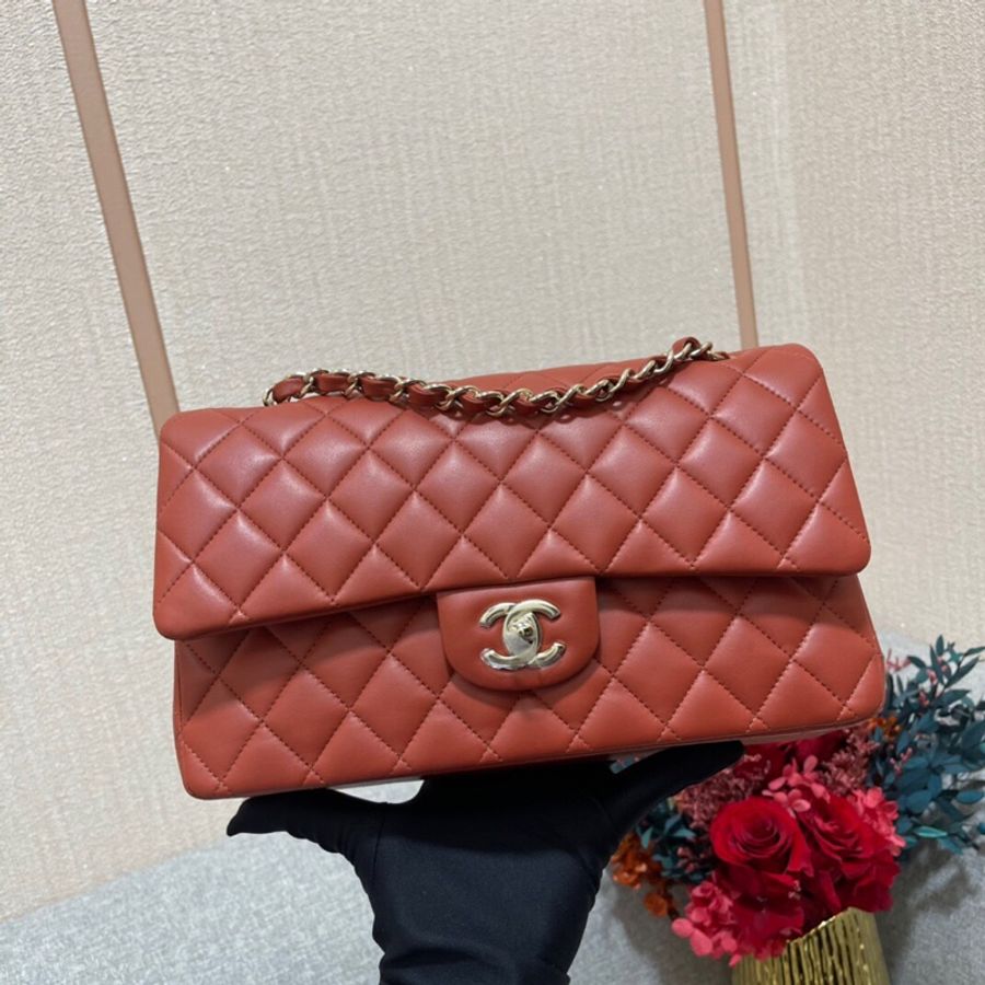 Chanel香奈兒cf中號棕紅色羊皮雙蓋淡金扣鏈條包,芯片款-0