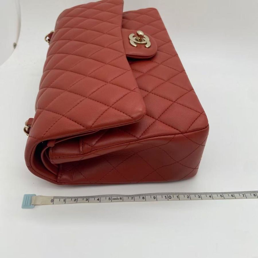 Chanel香奈兒cf中號棕紅色羊皮雙蓋淡金扣鏈條包,芯片款-13