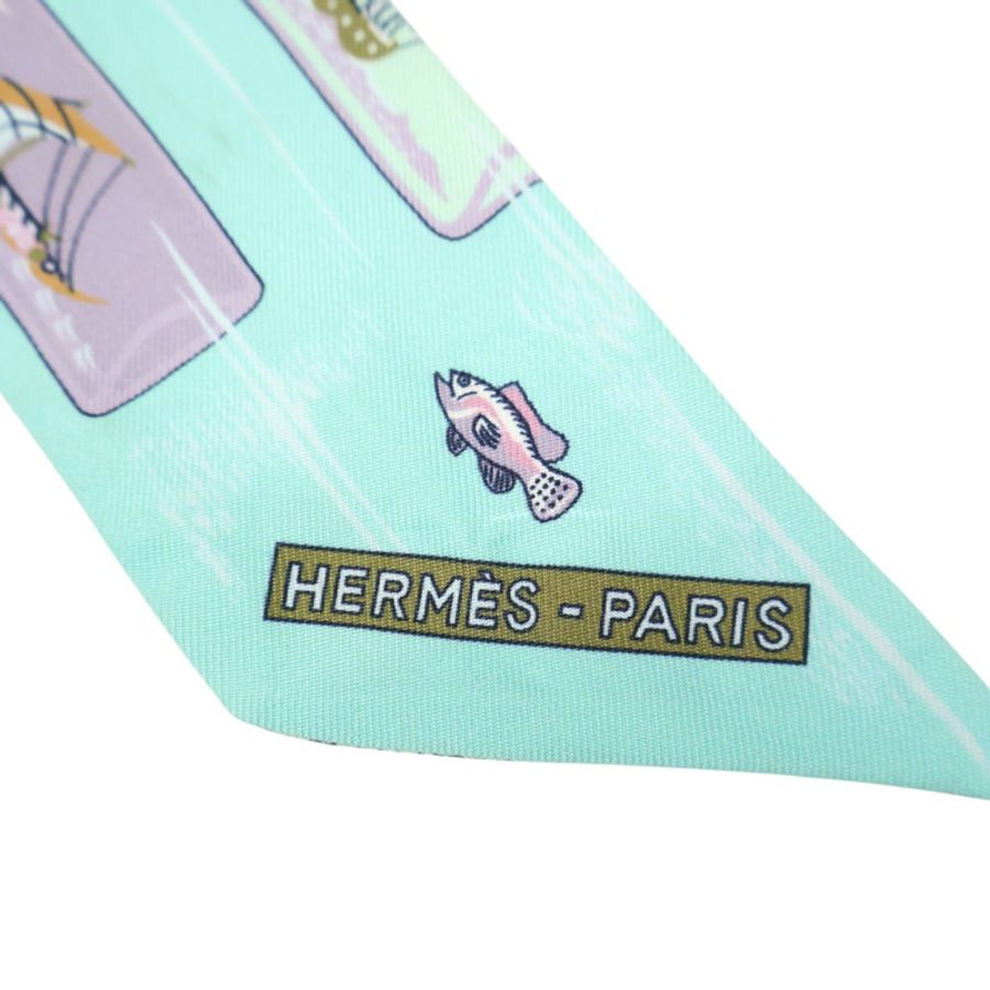 湖水綠 流水瓶 絲綢 Twilly 絲巾 (污漬/脫線)【HERMES 愛馬仕】-2