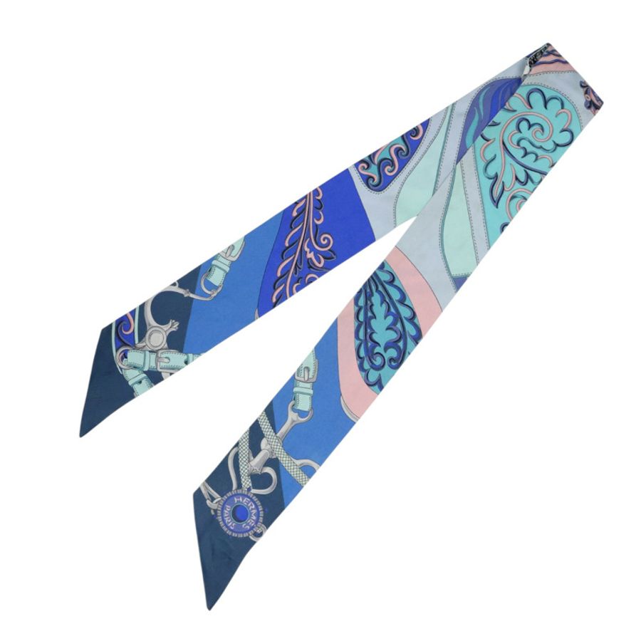 藍色 鎖鏈/花卉 圖案 絲綢 Twilly 絲巾【HERMES 愛馬仕】-1