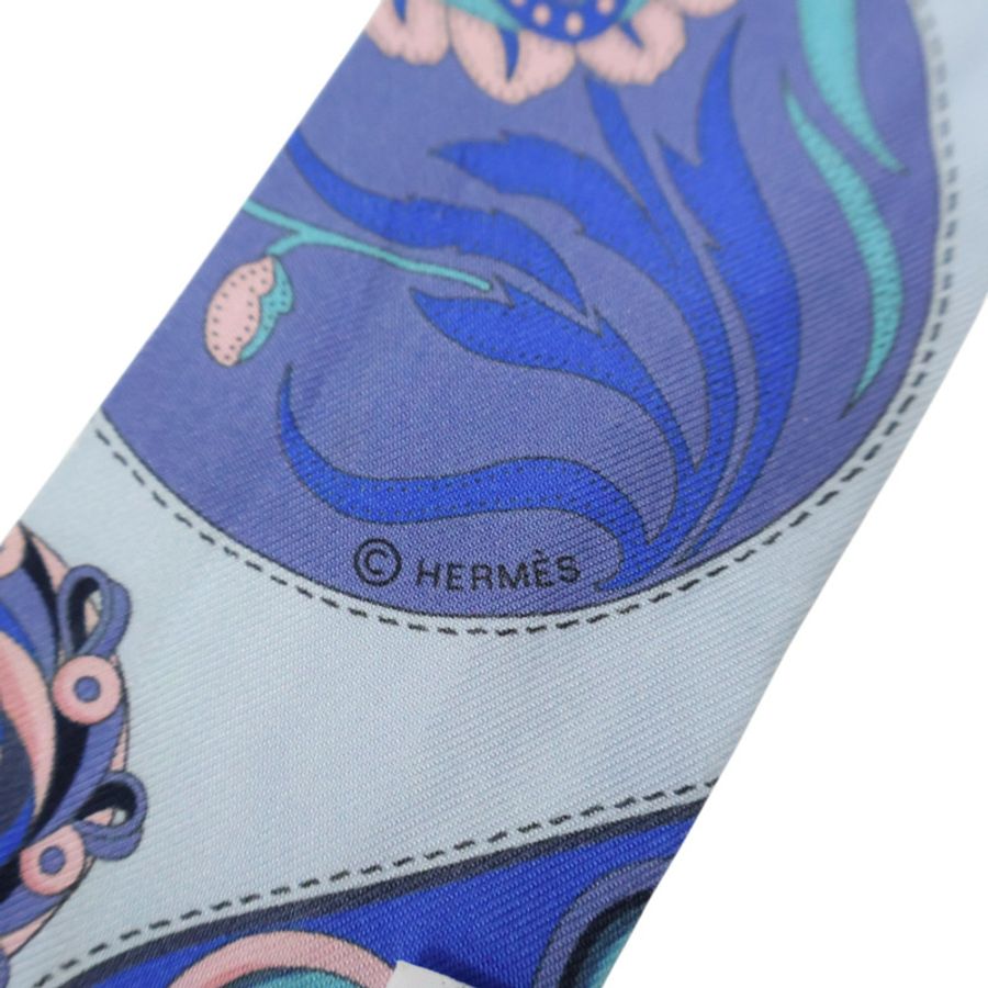 藍色 鎖鏈/花卉 圖案 絲綢 Twilly 絲巾【HERMES 愛馬仕】-3