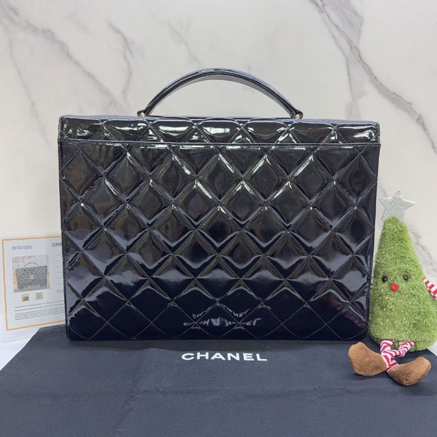 CHANEL Vintage菱格紋漆皮金釦公事包-1