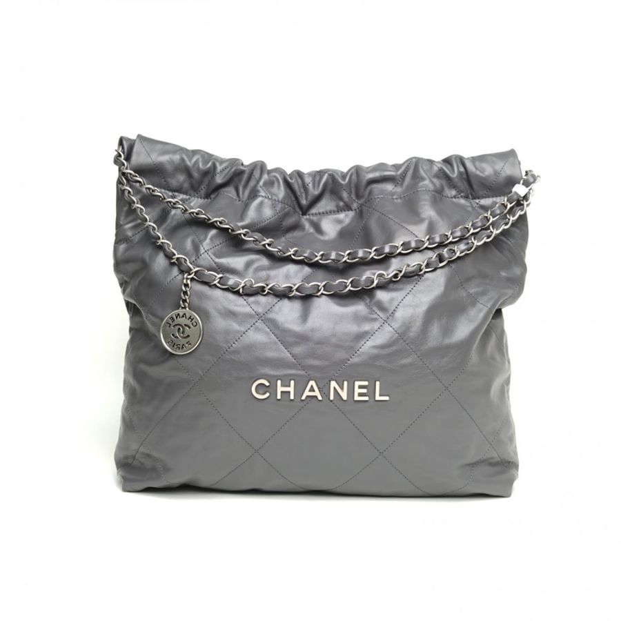 CHANEL 22BagTote托特包中號灰色牛皮晶片開銀扣-0