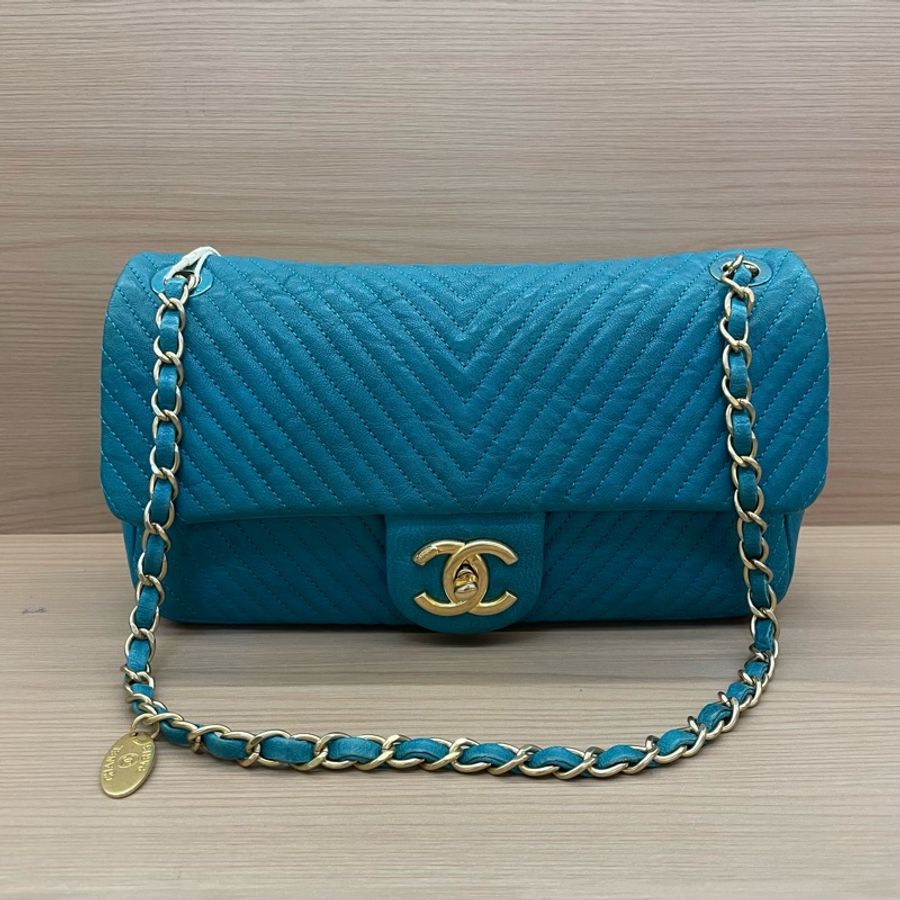 Chanel香奈儿 CF中号 蓝色金链 V纹牛皮 20開 單肩斜挎鏈條包 有塵袋 無卡無盒子尺寸底長26*高15*寬6*-0