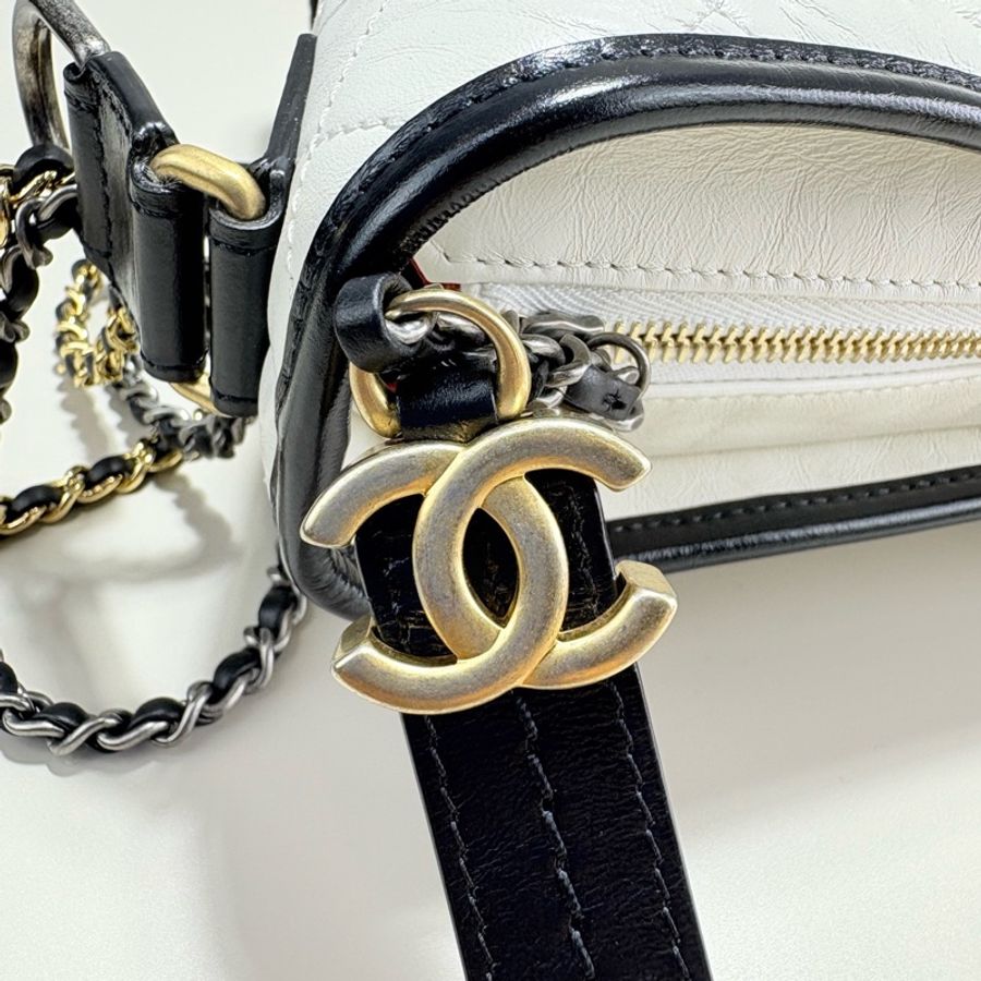 CHANEL香奈兒黑白拼色牛皮流浪鏈條單肩包 斜挎包 中號-8