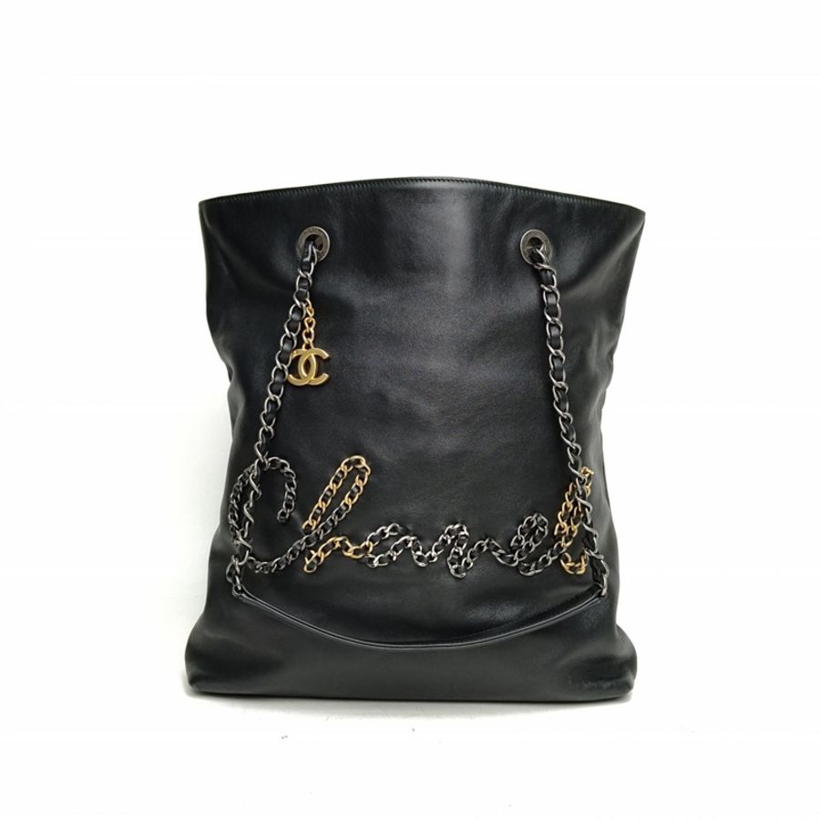 CHANEL 皮穿鏈字母LOGO手提托特包黑色牛皮29開金銀扣-0