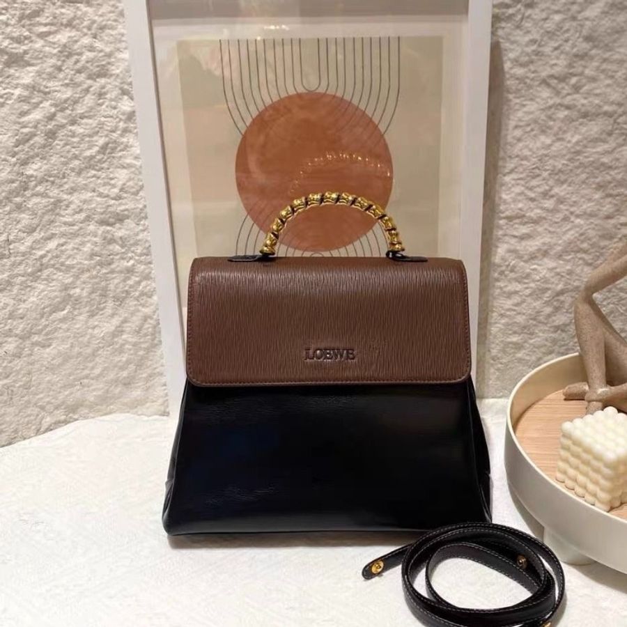 Loewe 中古 小號 蛇骨包 黑色拼棕色 金色手柄 26x9x21 9新 配件塵袋-1