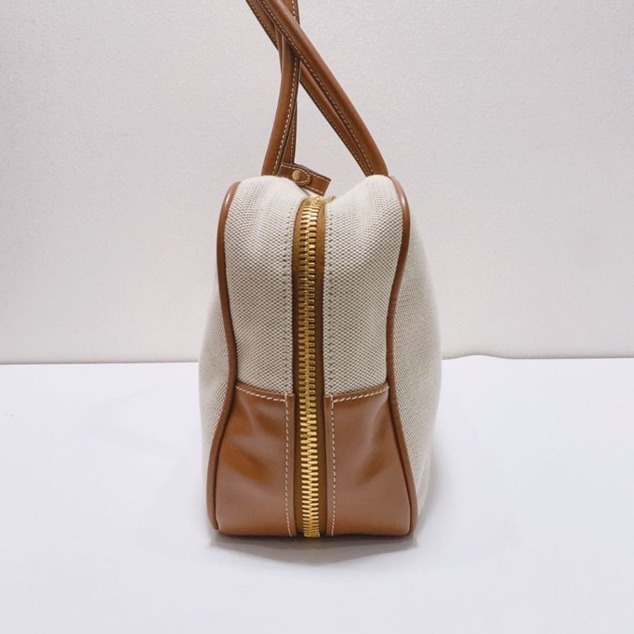 miumiu Beau系列米白拼棕色 帆布保齡球大號手提包34×11×19cm 9新 配件塵袋-7
