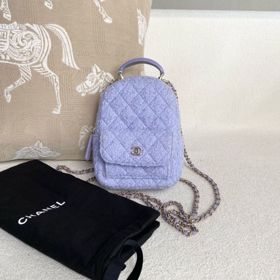 Chanel 毛呢mini後背包紫色帶細閃 金扣 13*17*7 95新 配件塵袋-2