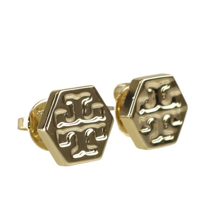 快速出貨!【TORY BURCH】六角形壓印雙T-LOGO造型耳環-金色-4