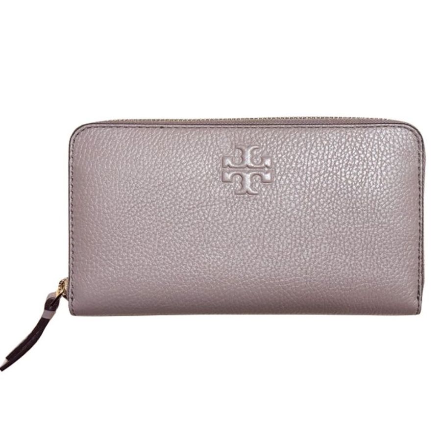 快速出貨!【TORY BURCH】浮雕LOGOㄇ型拉鍊長夾附鍊條證件夾-紫藕灰-0