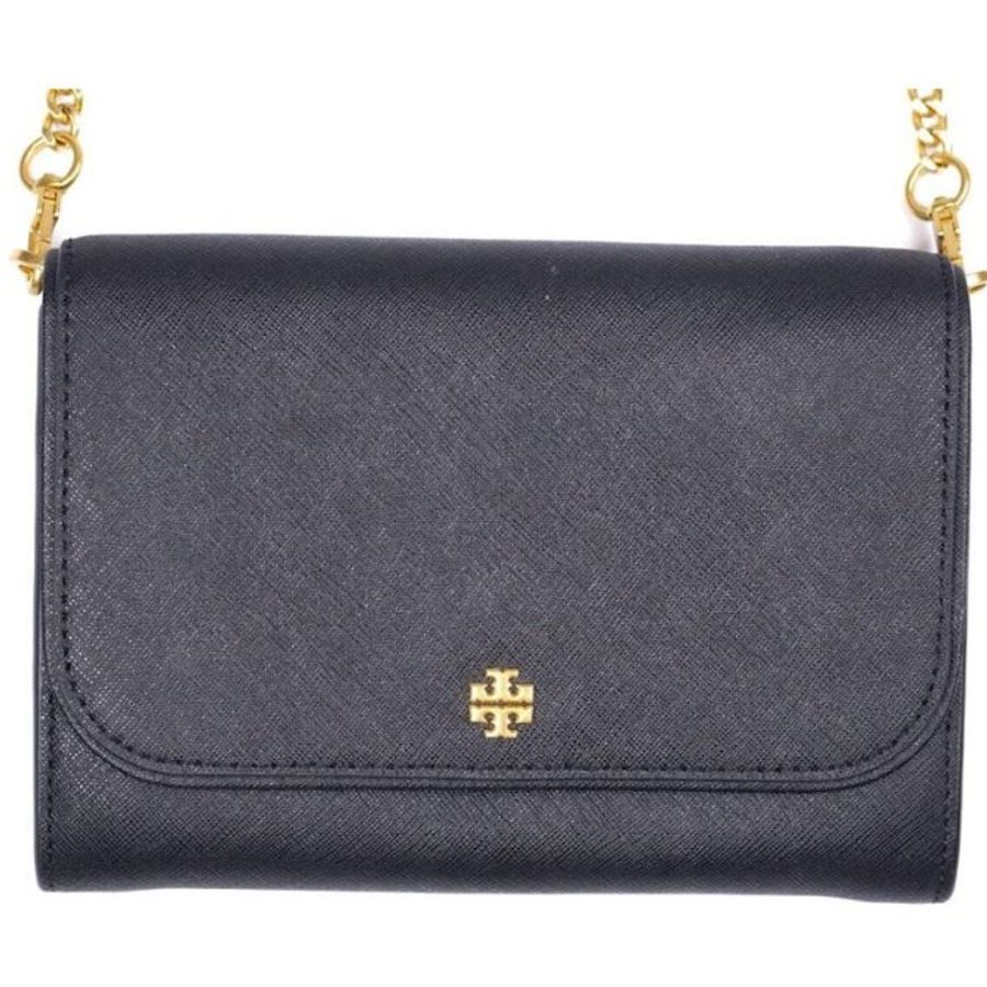 快速出貨!【TORY BURCH】十字紋防刮皮革掀蓋按釦斜背包-黑色-0