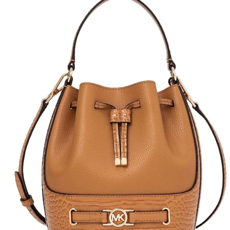 快速出貨!【Michael Kors】蛇紋皮革拼接素面皮革兩用水桶包-白-0