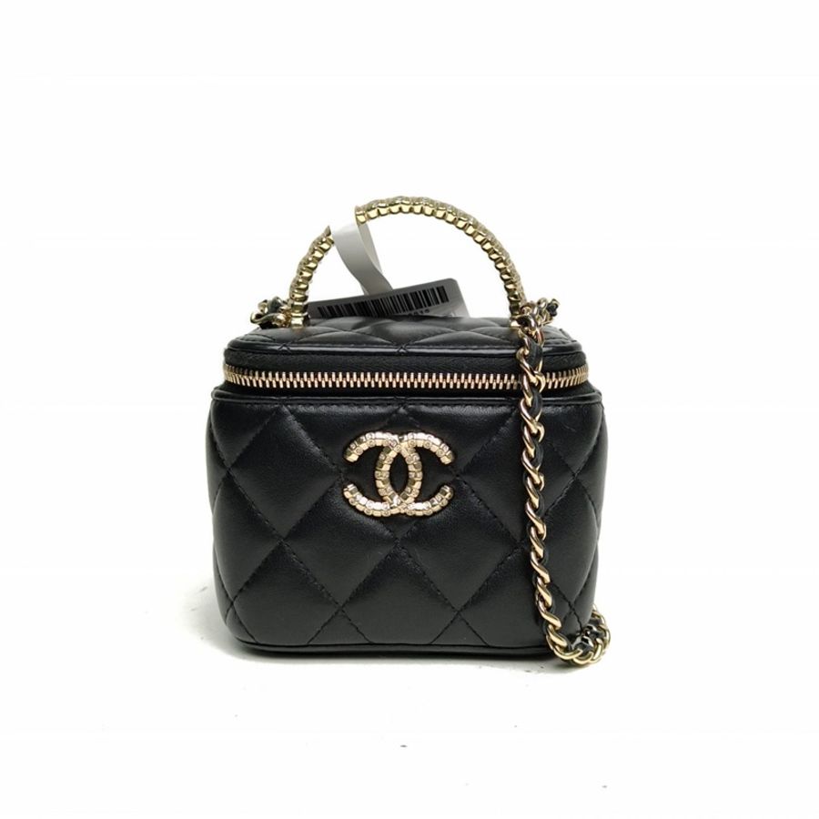 CHANEL 黑色羊皮鐳射標金扣24B方盒子化妝包水鑽手柄-0