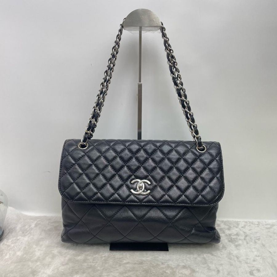 香奈兒/Chanel 黑銀菱格紋牛皮大號機場包-5