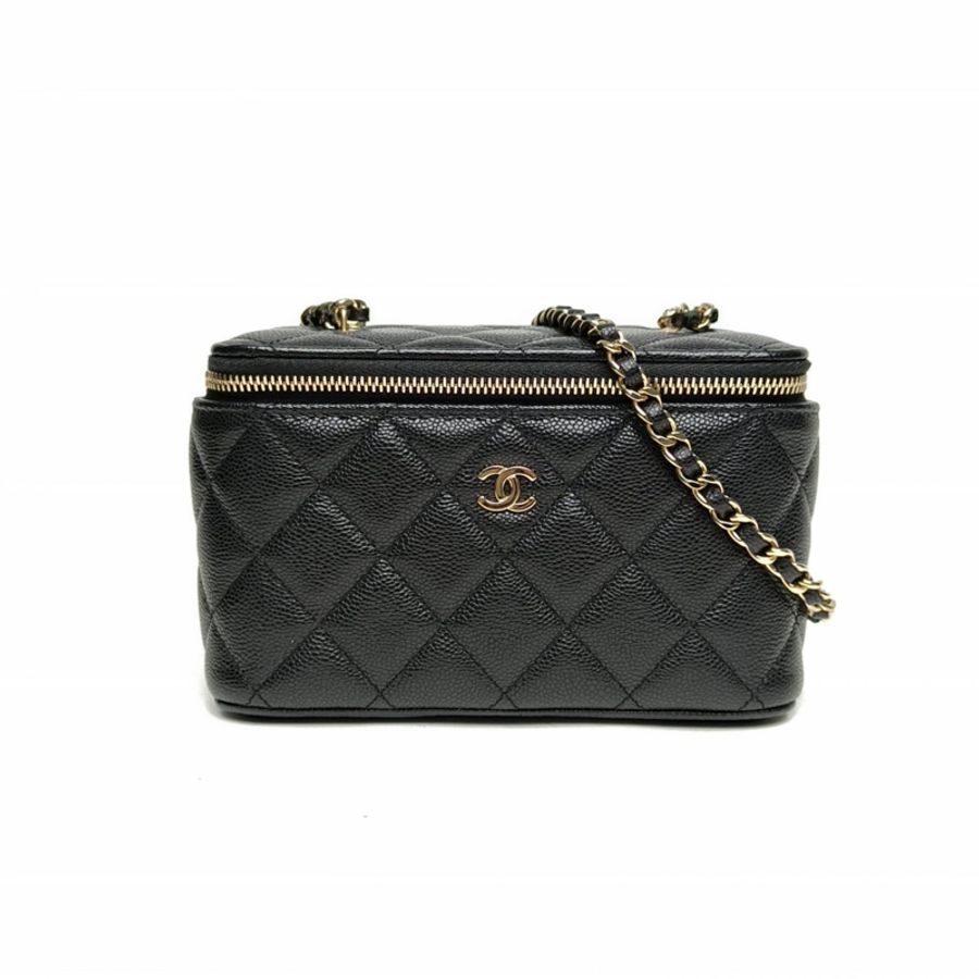 CHANEL 22S長盒子化妝包黑色荔枝牛皮金扣單皮穿鏈肩帶-0