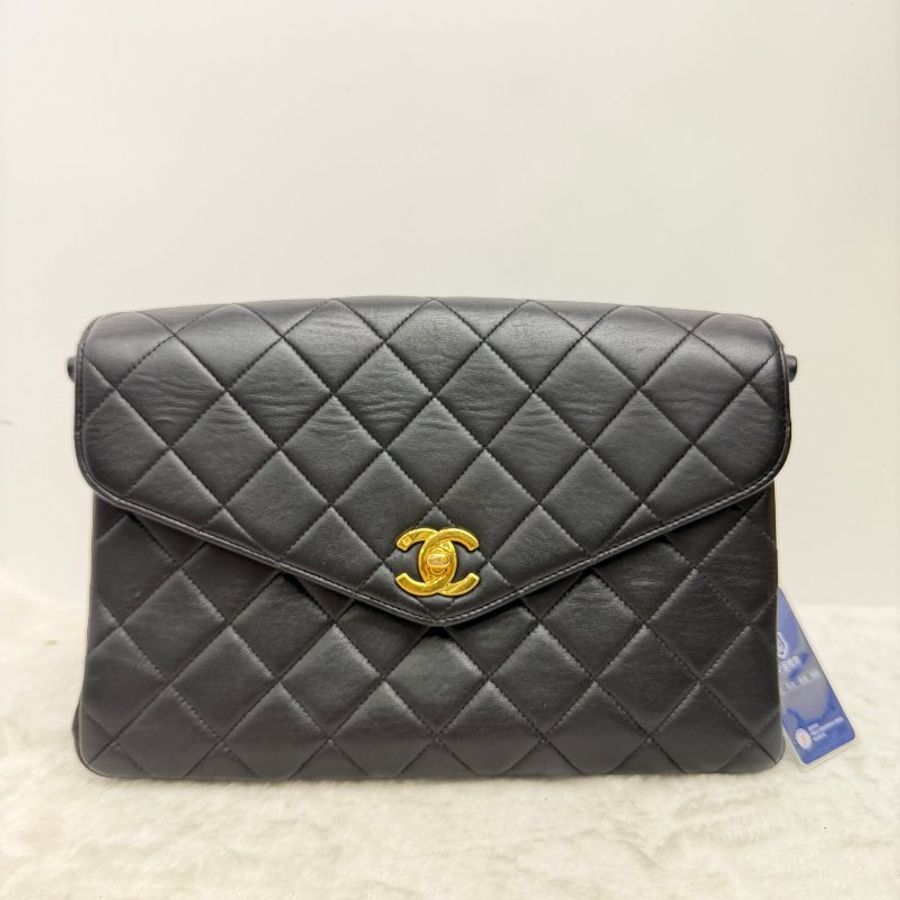 香奈兒/Chanel 經典黑金菱格紋手提包 黑色小牛皮搭配金色雙C金屬扣-5