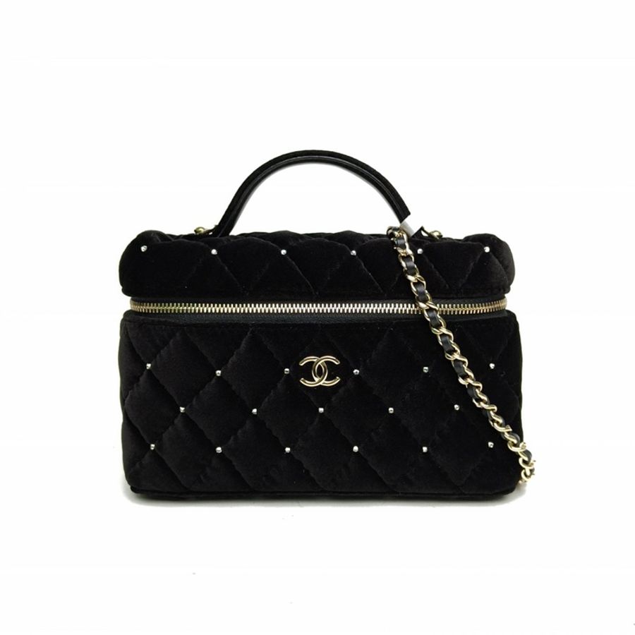 CHANEL 黑色絲絨鐳射標淺金扣25K水鑽Lp盒子包-0