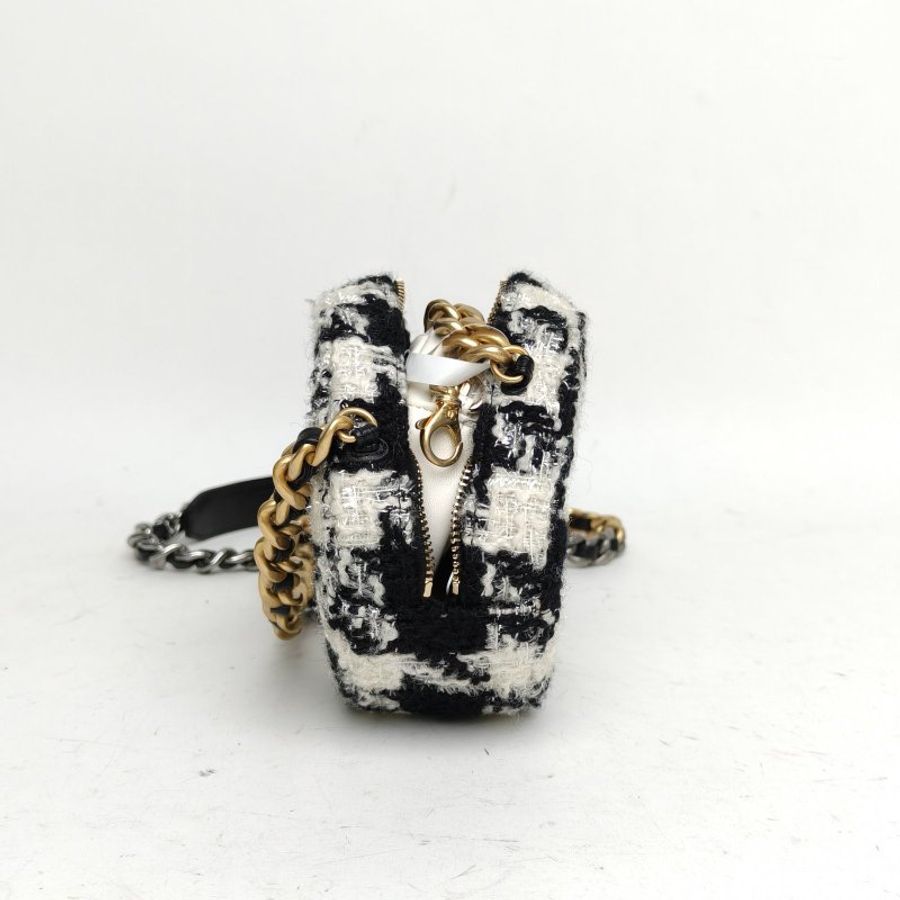 CHANEL 19BAG小圓餅包子母包黑白千鳥格毛呢28開金銀扣肩背包-3