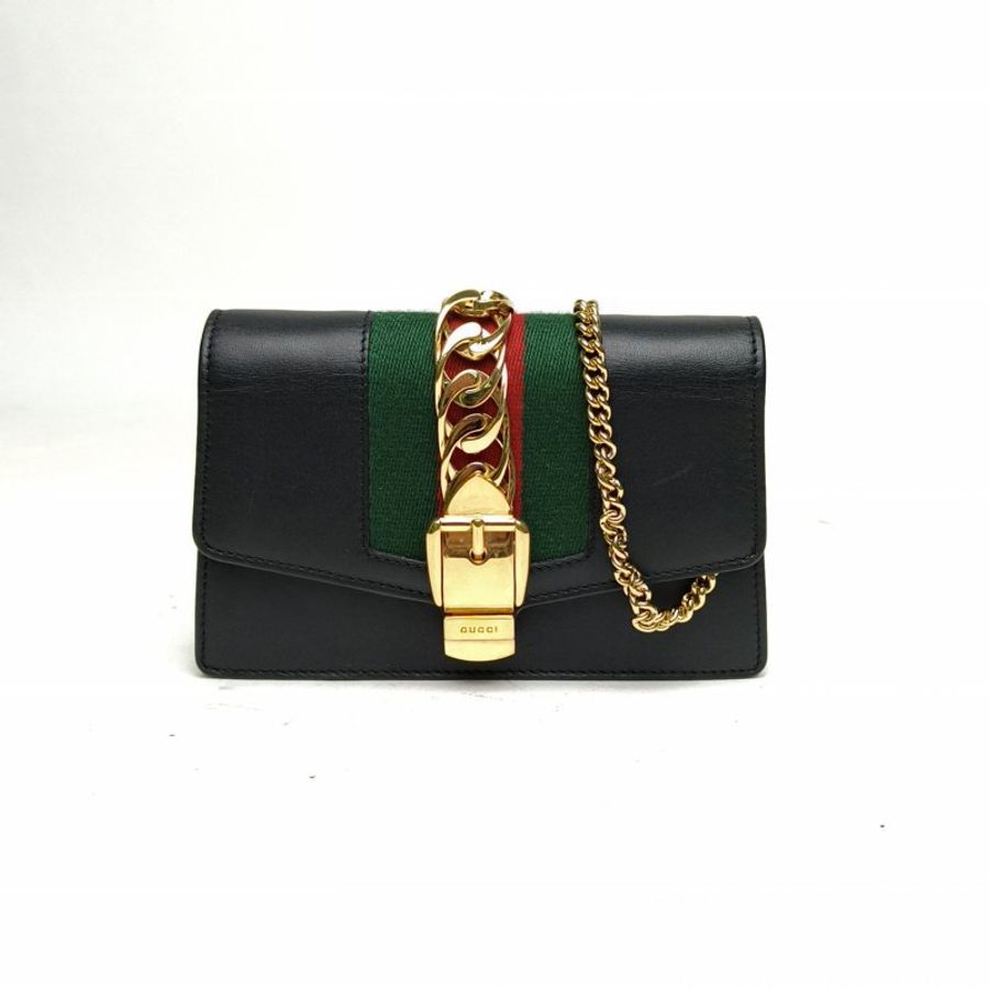 GUCCI Sylvie塞爾維亞絲帶包超Mini16.5黑色牛皮金扣肩背包-0