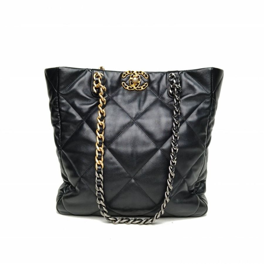 CHANEL 19BAGTote托特包黑色羊皮晶片開金銀扣菱格紋肩背包-0