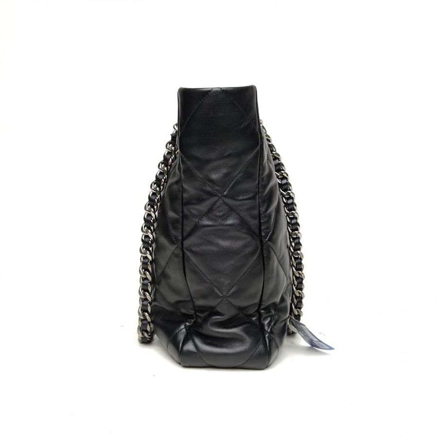 CHANEL 19BAGTote托特包黑色羊皮晶片開金銀扣菱格紋肩背包-1