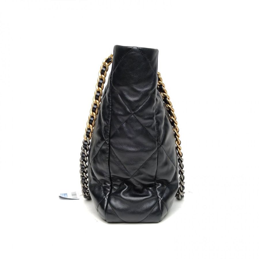 CHANEL 19BAGTote托特包黑色羊皮晶片開金銀扣菱格紋肩背包-3
