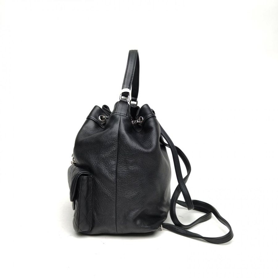 CHANEL 黑色牛皮23開銀扣雙口袋青蛙包雙肩包手提肩背包-1