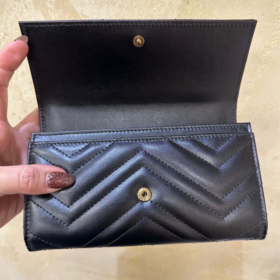 Gucci 黑牛皮山形紋霧金釦GG Marmont下蓋12卡長夾-6