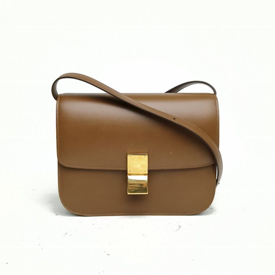 CELINE CELINEClassicBox中號棕色牛皮金扣肩背包-0