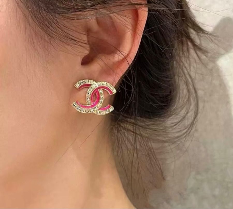 Chanel 經典雙C粉色琺瑯水鑽耳環-9