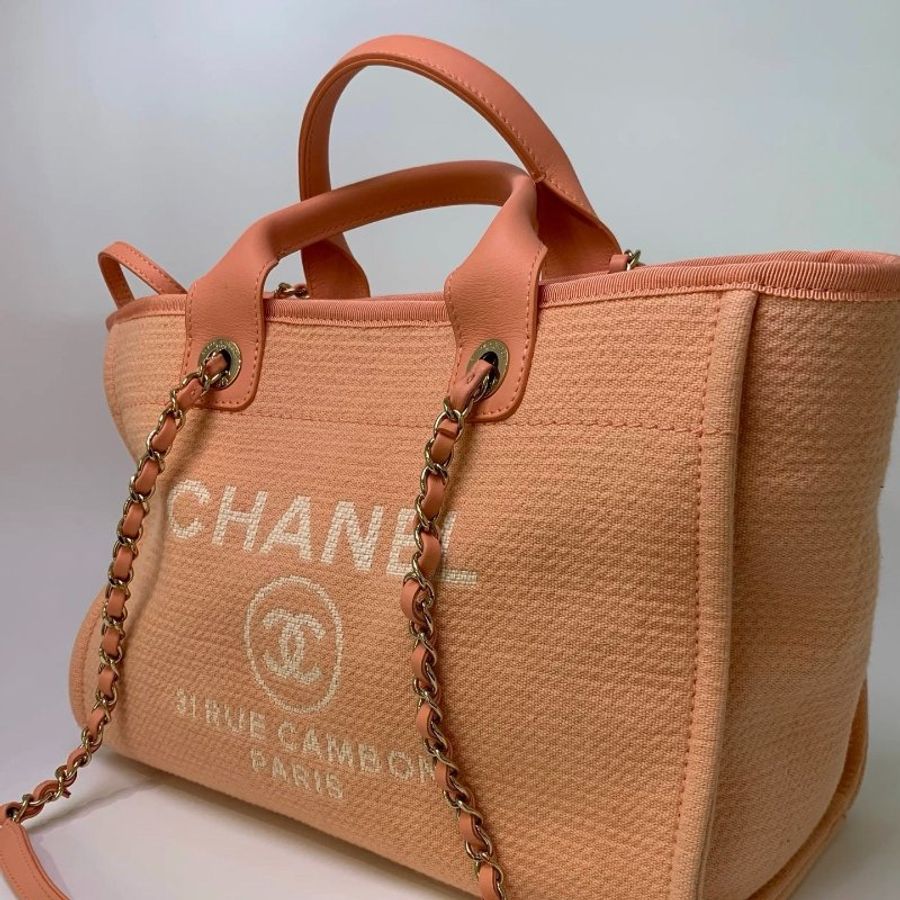 chanel 沙灘包 芯片款 橘粉 32*23*17 98新配件塵袋 子袋-3