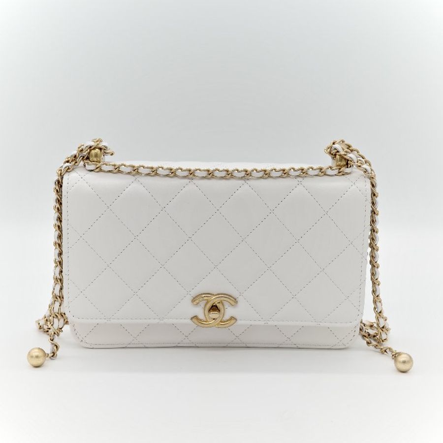 Chanel 香奈兒 白色 牛皮 雙金球 WOC 斜挎包-1