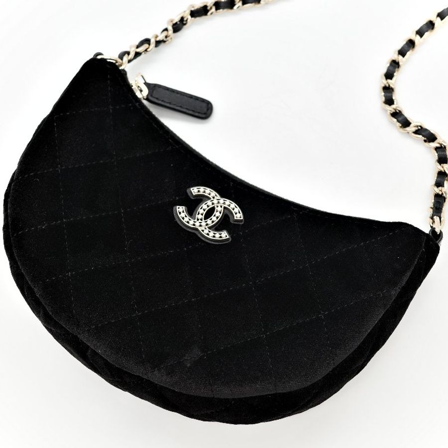 Chanel 香奈兒 絲絨 絨布 黑色 鑽石扣 斜挎包 月亮包-2
