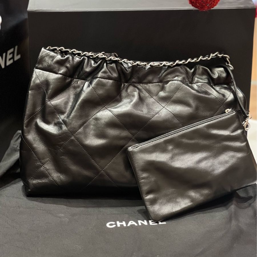 Chanel 24c 橫版22bag 子母購物袋 黑銀菱格 亮面牛皮 尺寸約45*30*8 芯片款-2