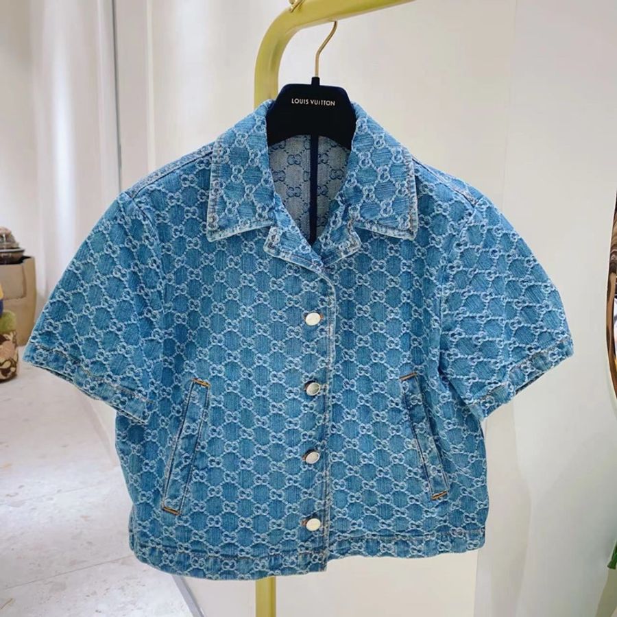 GUCCI logo提花短袖牛仔襯衫42碼-0