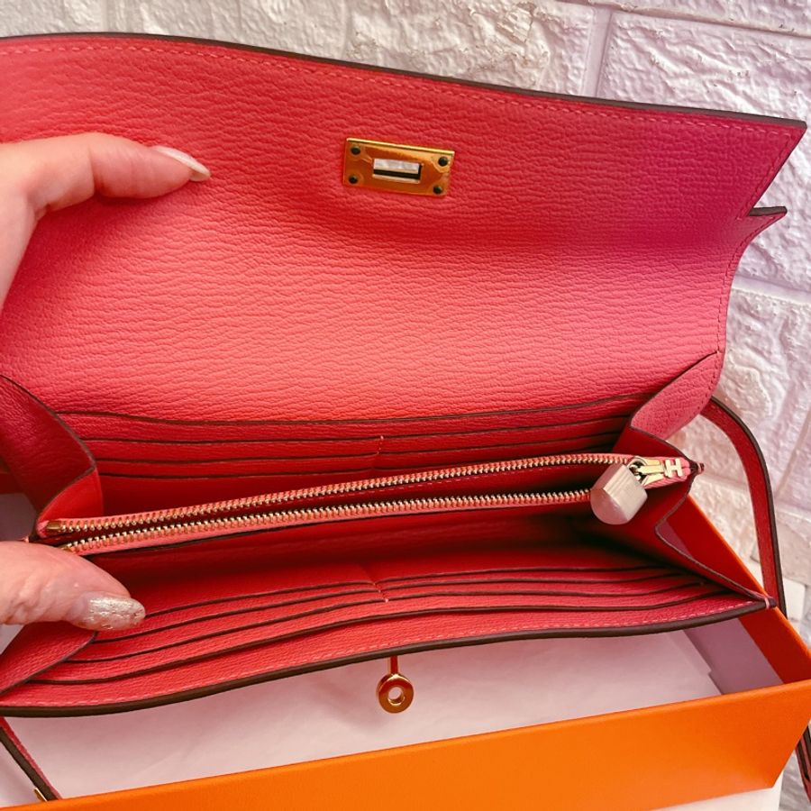 激甜絕美收藏款山羊皮全新✨ HERMES 愛馬仕金釦KELLY WALLET U5 唇膏粉長夾手拿包-5