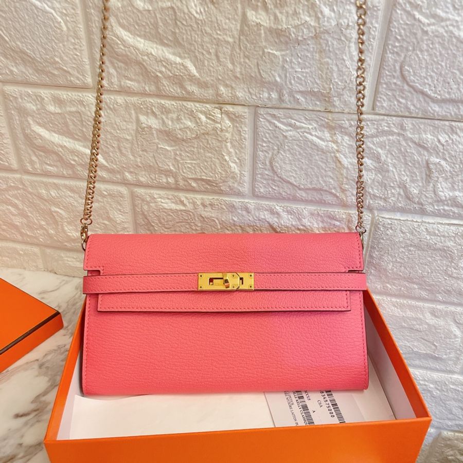 激甜絕美收藏款山羊皮全新✨ HERMES 愛馬仕金釦KELLY WALLET U5 唇膏粉長夾手拿包-10
