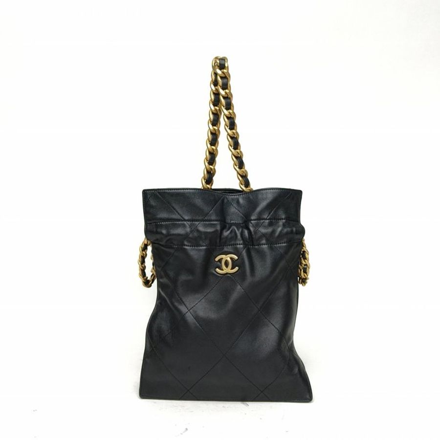CHANEL 黑色羊皮30開金扣chanel抽繩手柄包肩背包-0