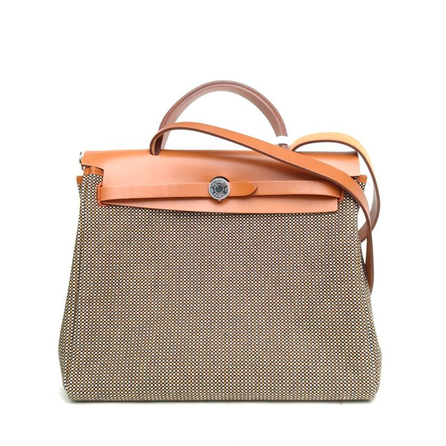 HERMES Herbag3101白色拼黑色拼黃褐色拼沙漠金帆布牛皮U刻銀扣肩背包-0