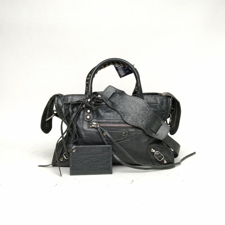 BALENCIAGA CLASSICCITY機車包小號30深灰羊皮銀扣肩背包-0