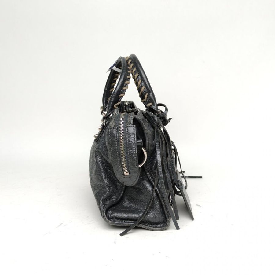BALENCIAGA CLASSICCITY機車包小號30深灰羊皮銀扣肩背包-3